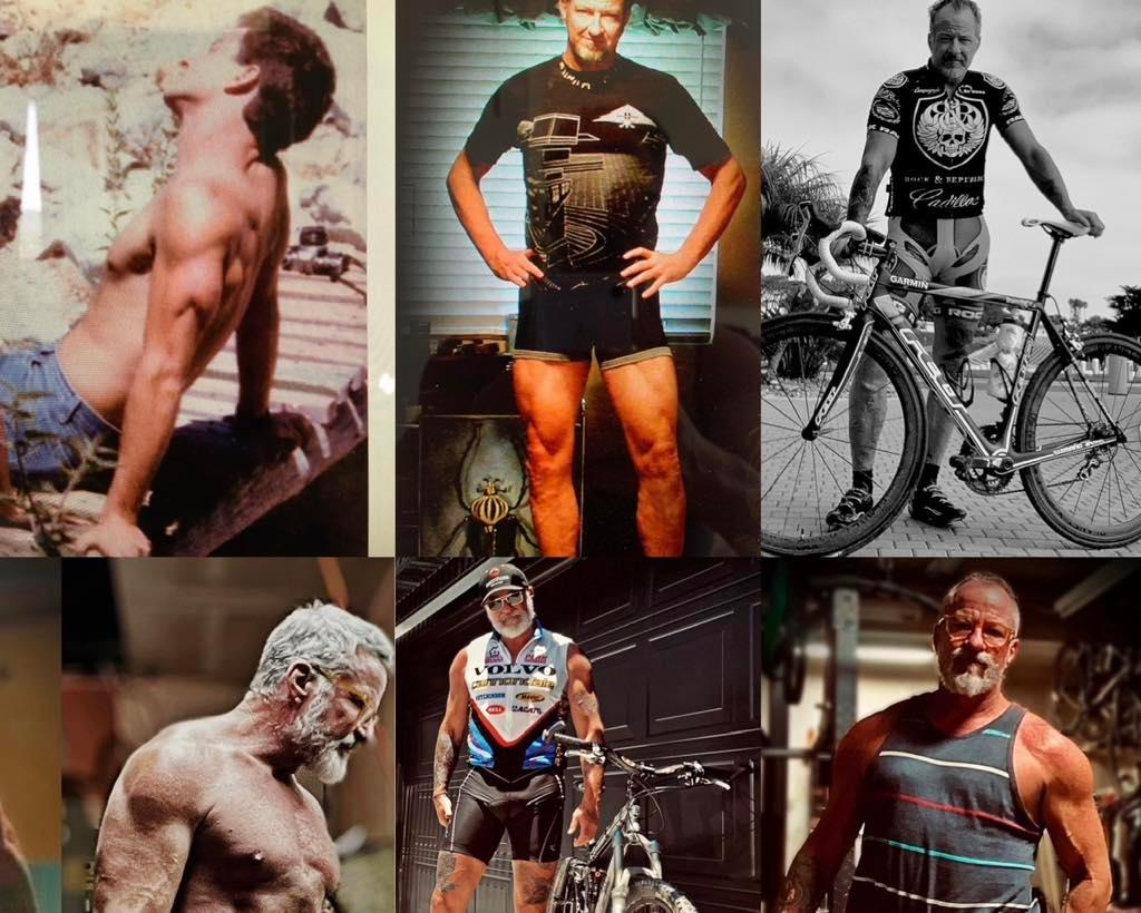 Mark McIntosh 45+ year collage: young Mark shirtless outdoors (top left), Mark in black cycling kit (top middle), Mark with road bike in B&W (top right), older Mark shirtless (bottom left), Mark in Volvo cycling kit with bike (bottom middle), Mark in striped tank (bottom right)